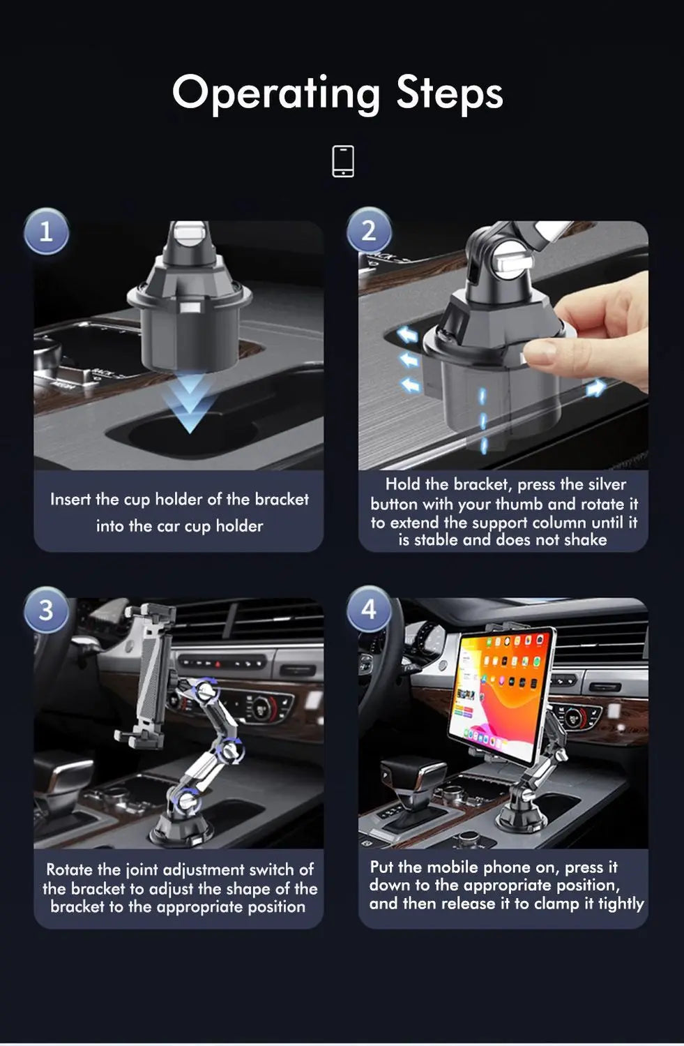 Adjustable Long Arm Car Tablet Holder for iPad, Kindle & Phones