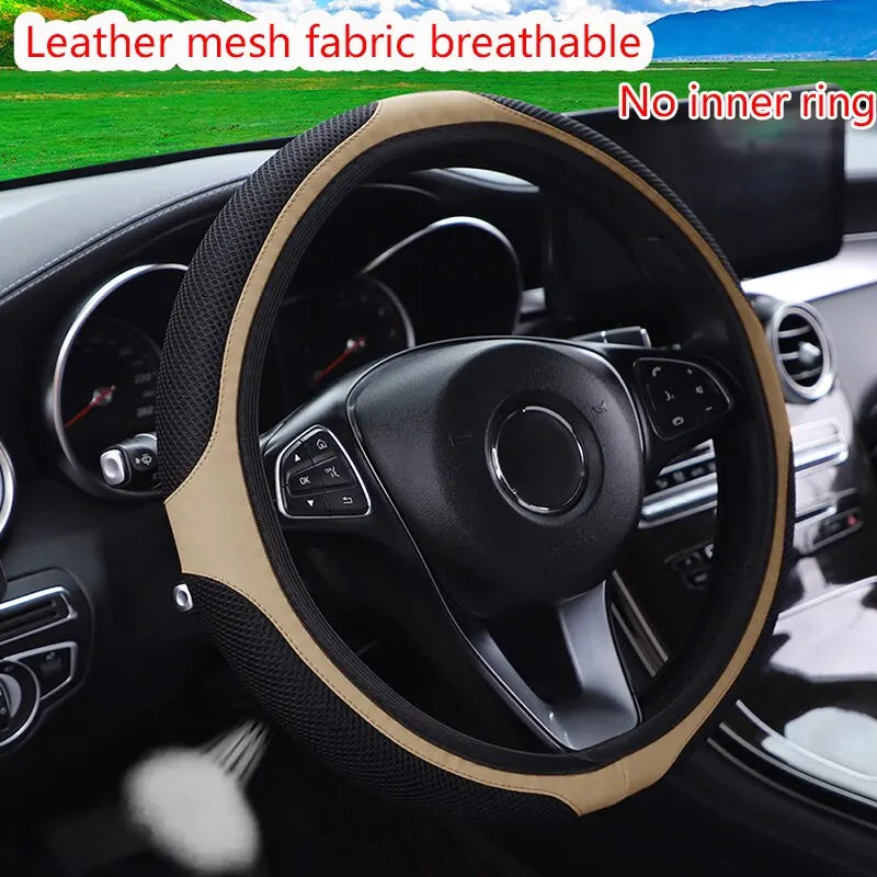 Leather Embroidered Steering Wheel Cover – 37–38cm Diamond Design, Breathable Grip