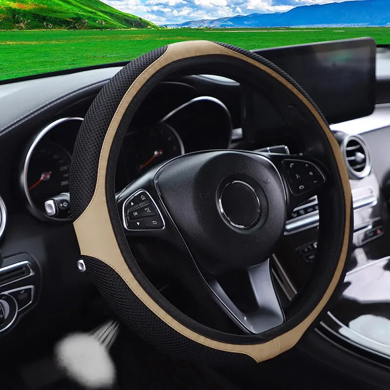 Leather Embroidered Steering Wheel Cover – 37–38cm Diamond Design, Breathable Grip