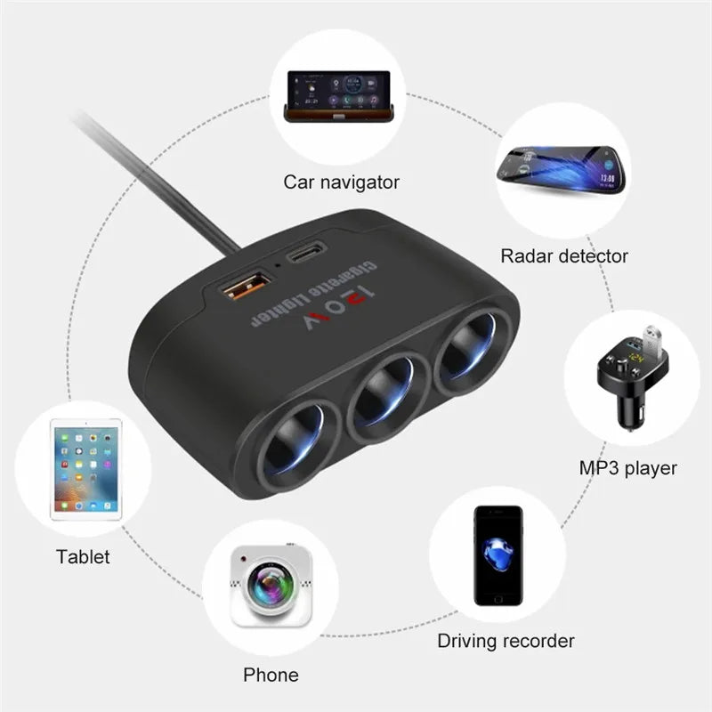 3-Port Car Charger Splitter with USB-C 120W Fast Charging Adapter