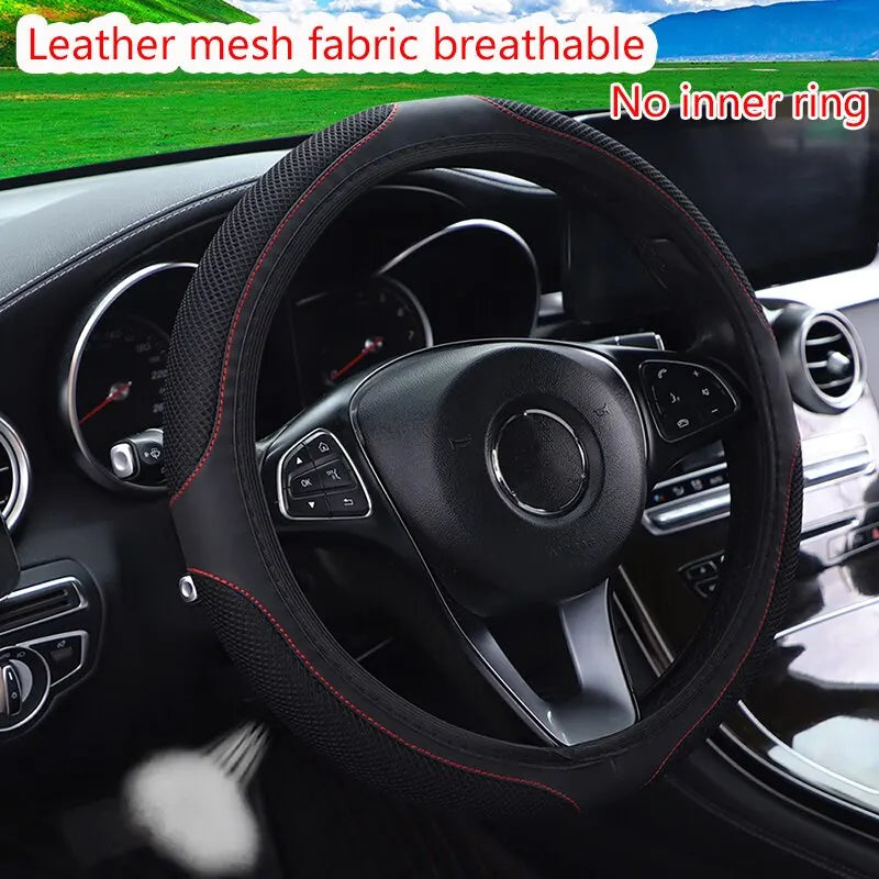 Leather Embroidered Steering Wheel Cover – 37–38cm Diamond Design, Breathable Grip