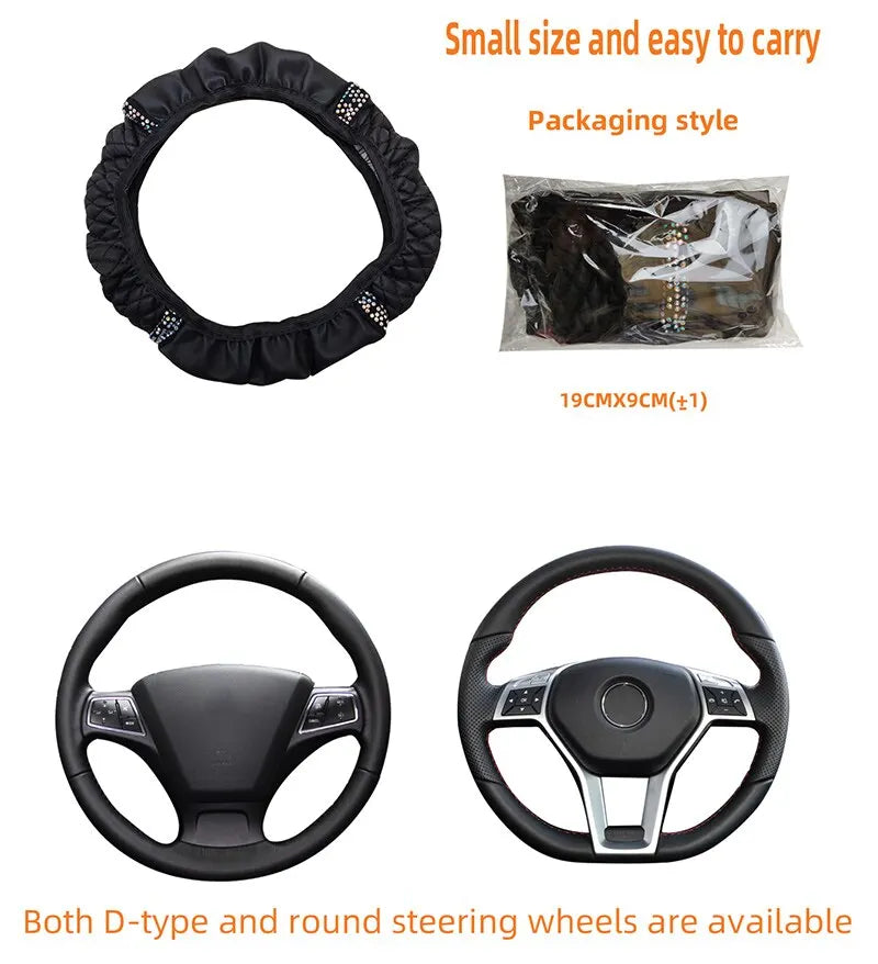 Leather Embroidered Steering Wheel Cover – 37–38cm Diamond Design, Breathable Grip