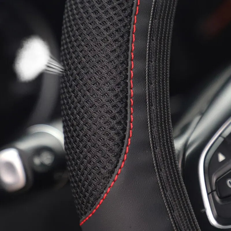 Leather Embroidered Steering Wheel Cover – 37–38cm Diamond Design, Breathable Grip