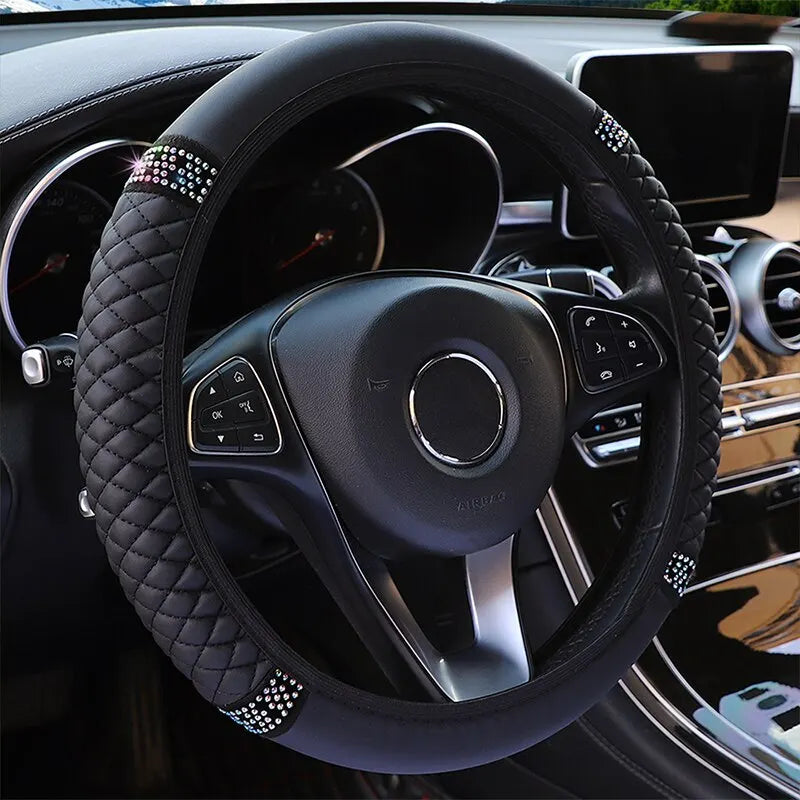 Leather Embroidered Steering Wheel Cover – 37–38cm Diamond Design, Breathable Grip