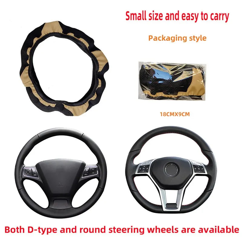 Leather Embroidered Steering Wheel Cover – 37–38cm Diamond Design, Breathable Grip