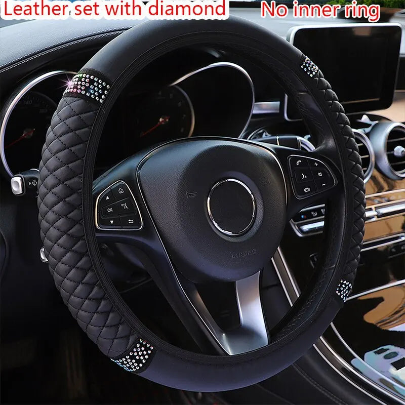 Leather Embroidered Steering Wheel Cover – 37–38cm Diamond Design, Breathable Grip