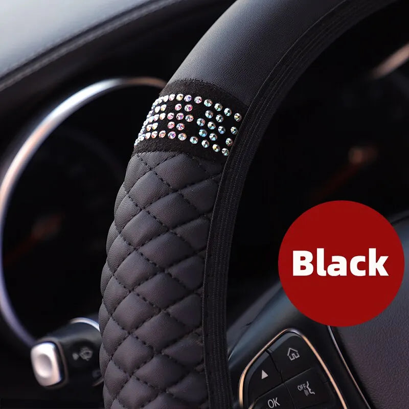 Leather Embroidered Steering Wheel Cover – 37–38cm Diamond Design, Breathable Grip