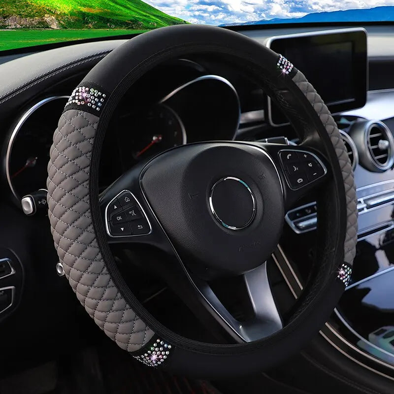 Leather Embroidered Steering Wheel Cover – 37–38cm Diamond Design, Breathable Grip