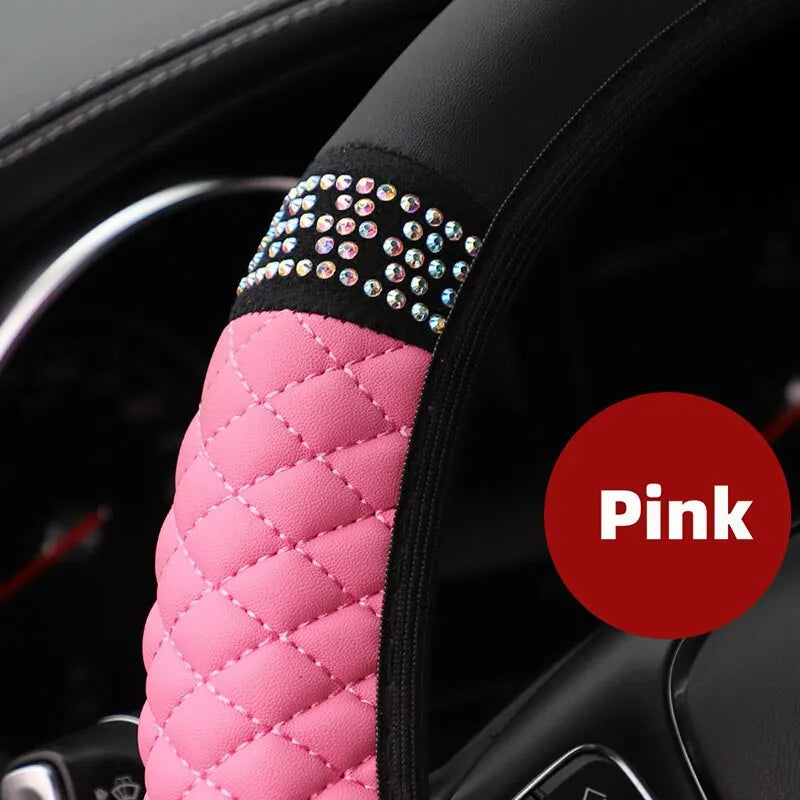 Leather Embroidered Steering Wheel Cover – 37–38cm Diamond Design, Breathable Grip