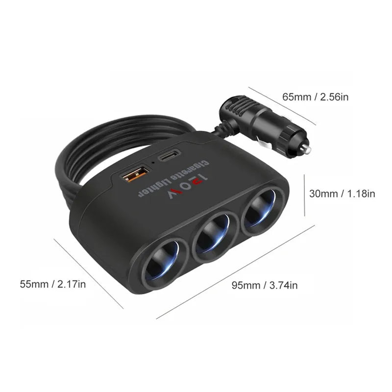 3-Port Car Charger Splitter with USB-C 120W Fast Charging Adapter