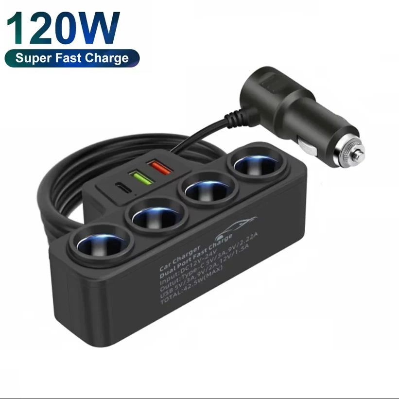 3-Port Car Charger Splitter with USB-C 120W Fast Charging Adapter