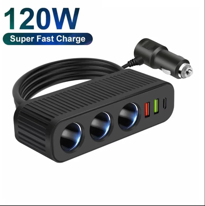 3-Port Car Charger Splitter with USB-C 120W Fast Charging Adapter