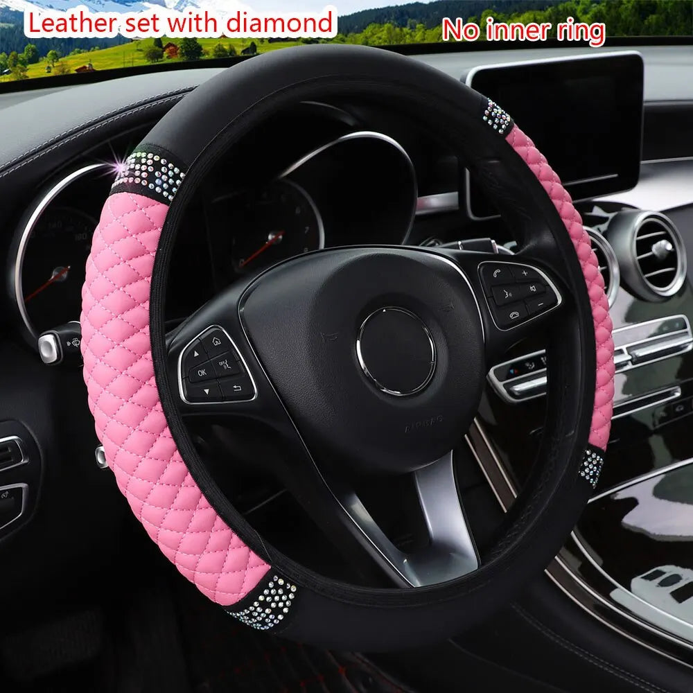 Leather Embroidered Steering Wheel Cover – 37–38cm Diamond Design, Breathable Grip
