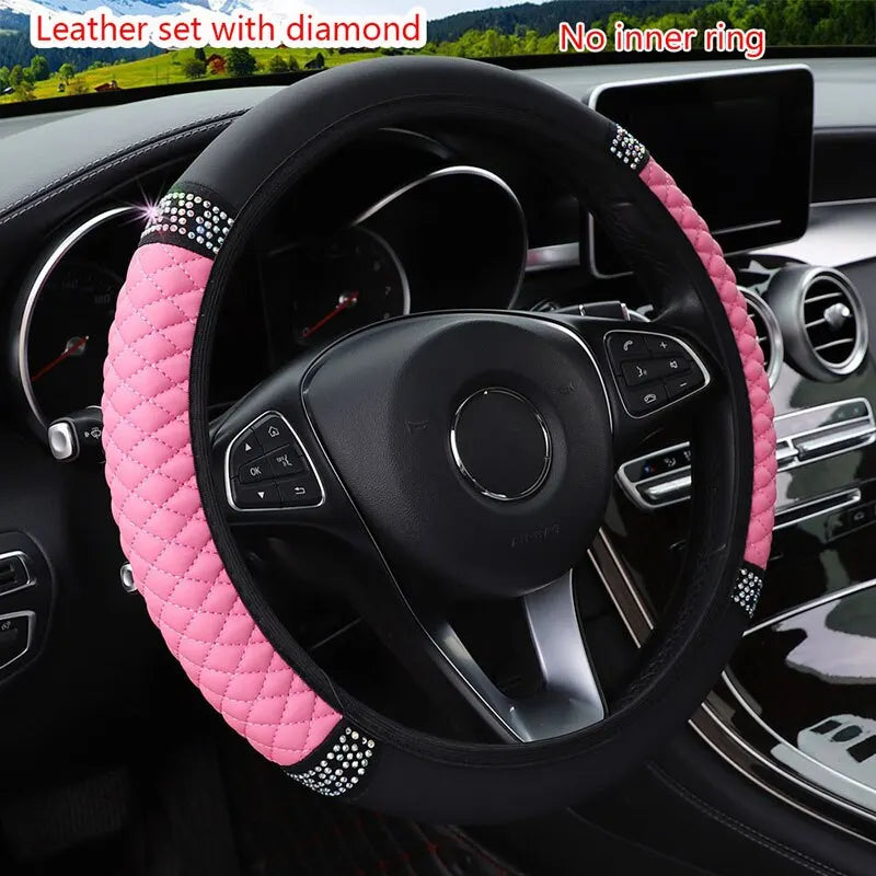 Leather Embroidered Steering Wheel Cover – 37–38cm Diamond Design, Breathable Grip
