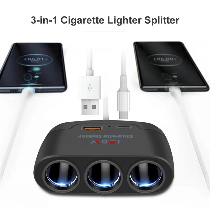 3-Port Car Charger Splitter with USB-C 120W Fast Charging Adapter