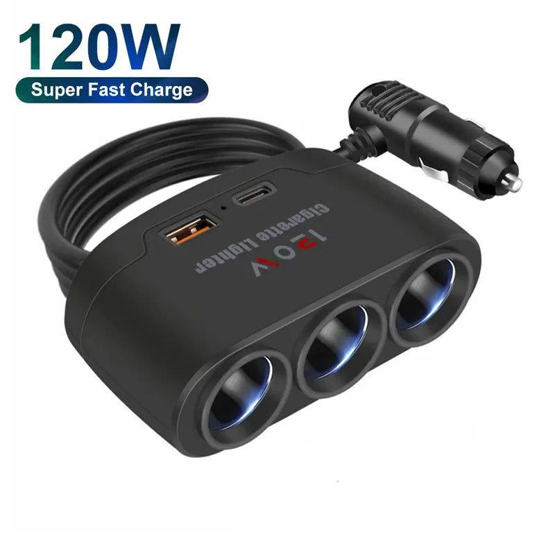 3-Port Car Charger Splitter with USB-C 120W Fast Charging Adapter