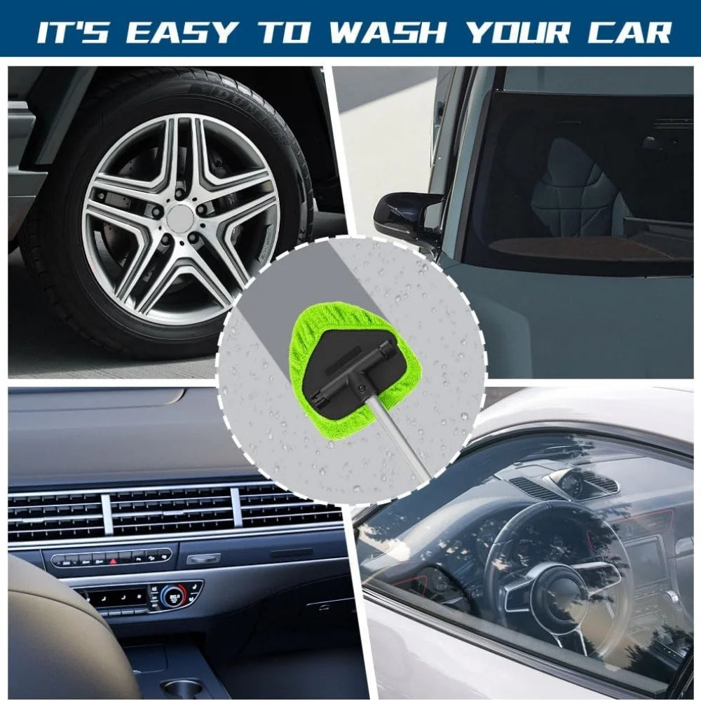 9 Pcs/set Windshield Cleaner Tool – Upgrade Large Head Car Interior&Exterior Window Cleaning Kit with Extendable Handle & 6 Microfiber Pads, Auto Wiper Brush for Car, Trucks, SUVs, RVs & Home