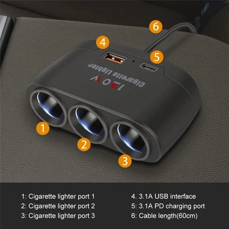 3-Port Car Charger Splitter with USB-C 120W Fast Charging Adapter