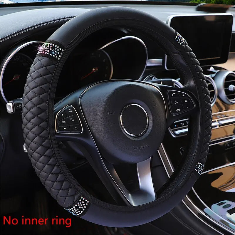 Leather Embroidered Steering Wheel Cover – 37–38cm Diamond Design, Breathable Grip