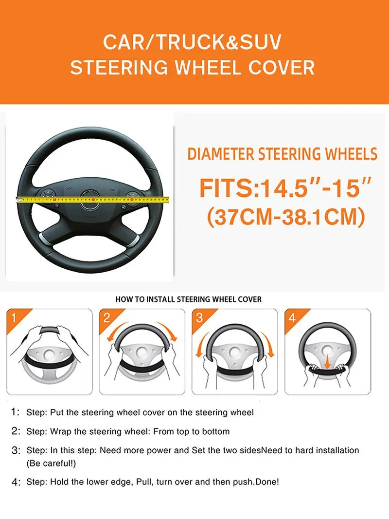 Leather Embroidered Steering Wheel Cover – 37–38cm Diamond Design, Breathable Grip