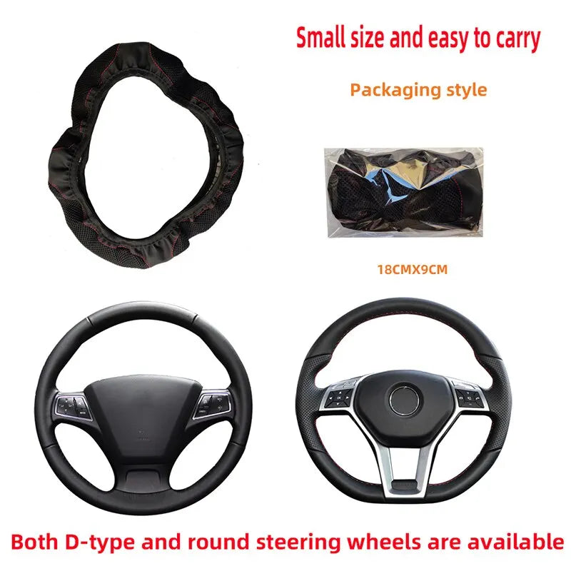 Leather Embroidered Steering Wheel Cover – 37–38cm Diamond Design, Breathable Grip