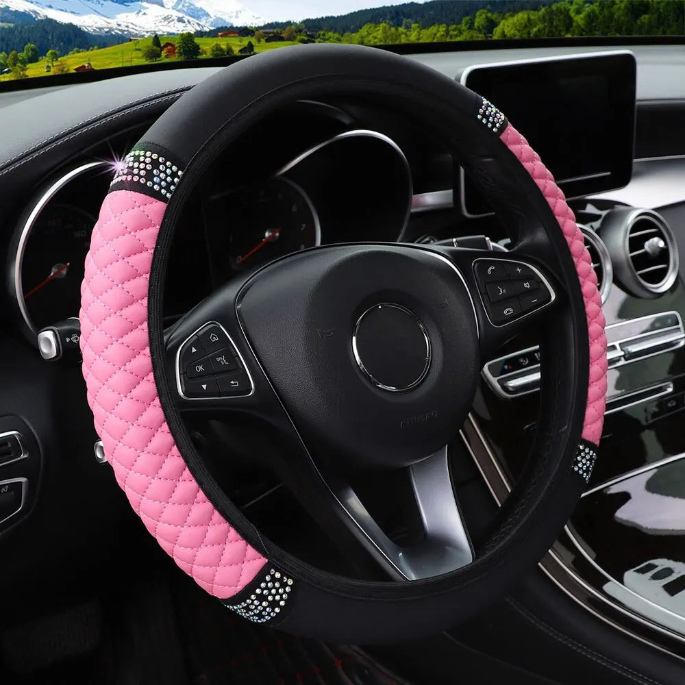 Leather Embroidered Steering Wheel Cover – 37–38cm Diamond Design, Breathable Grip