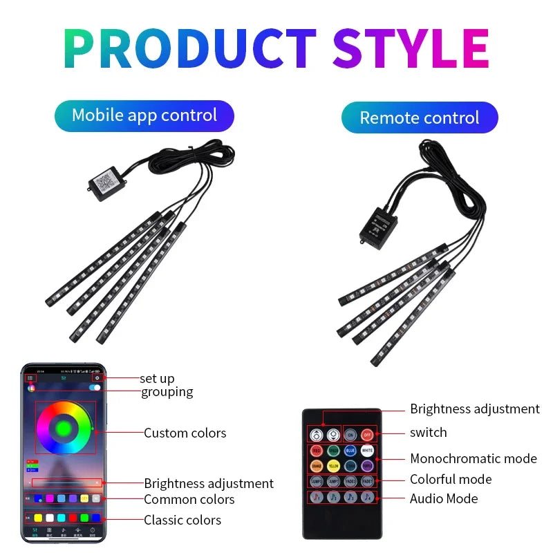 RGB LED Car Ambient Light Strip Kit – App &amp; Remote Music Sync Interior Lighting