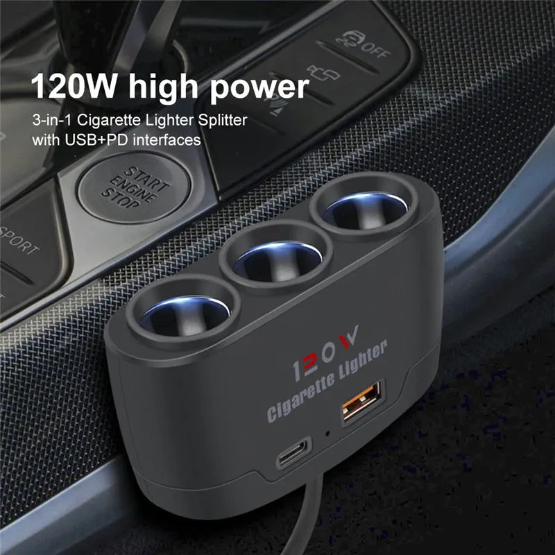 3-Port Car Charger Splitter with USB-C 120W Fast Charging Adapter