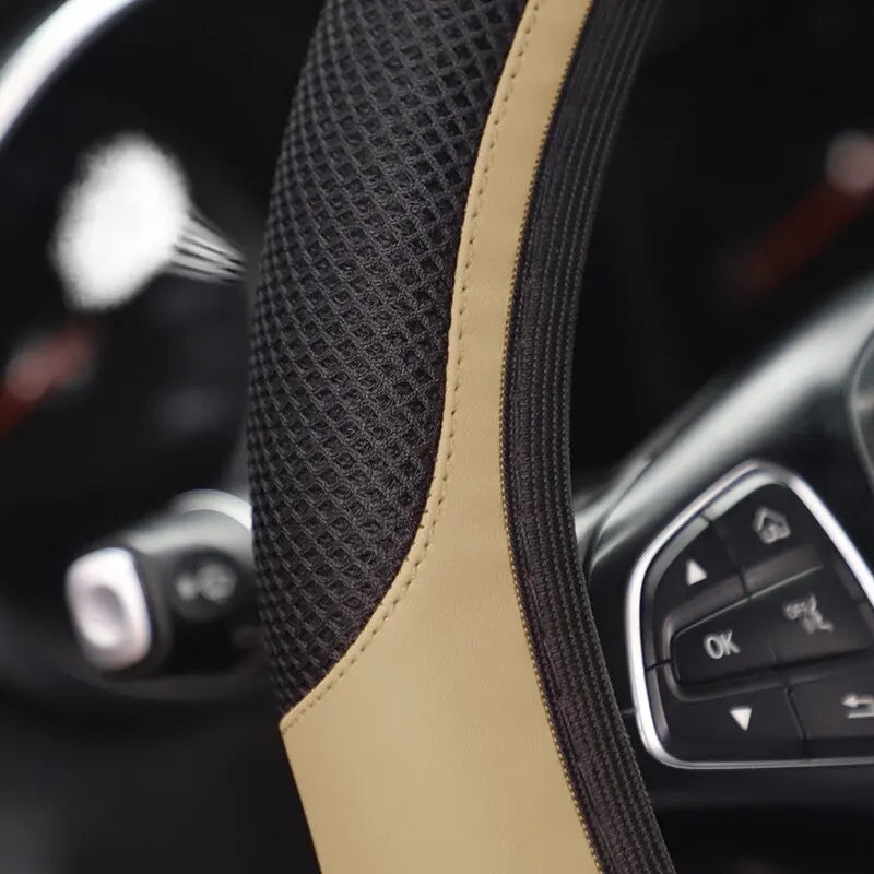 Leather Embroidered Steering Wheel Cover – 37–38cm Diamond Design, Breathable Grip