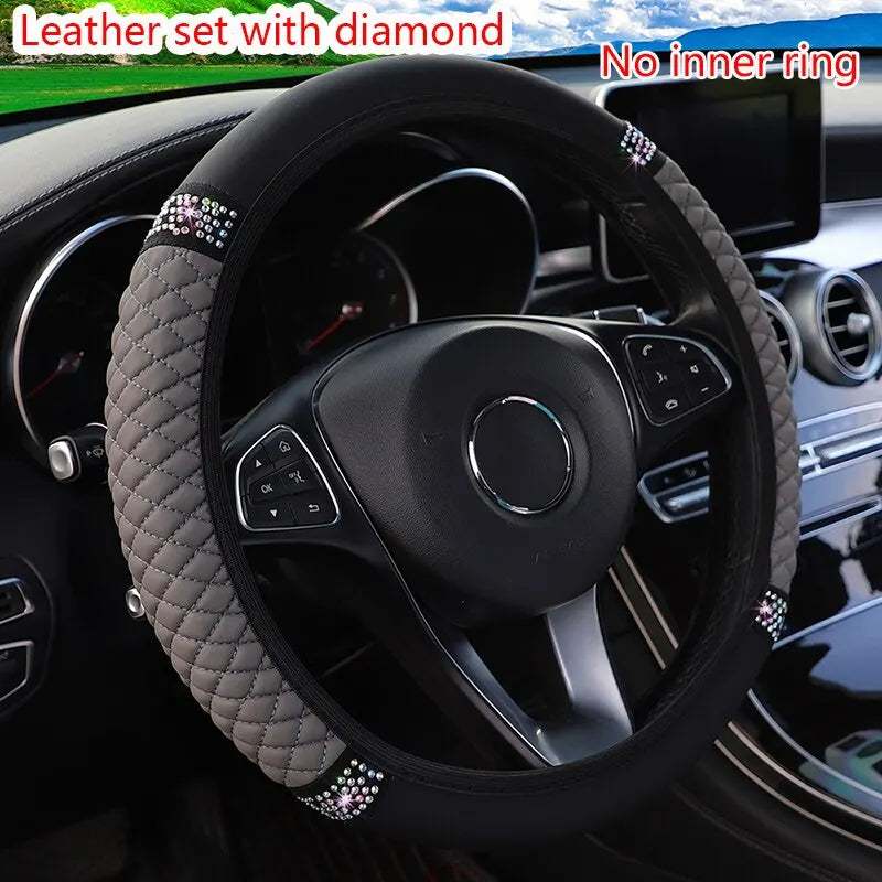 Leather Embroidered Steering Wheel Cover – 37–38cm Diamond Design, Breathable Grip