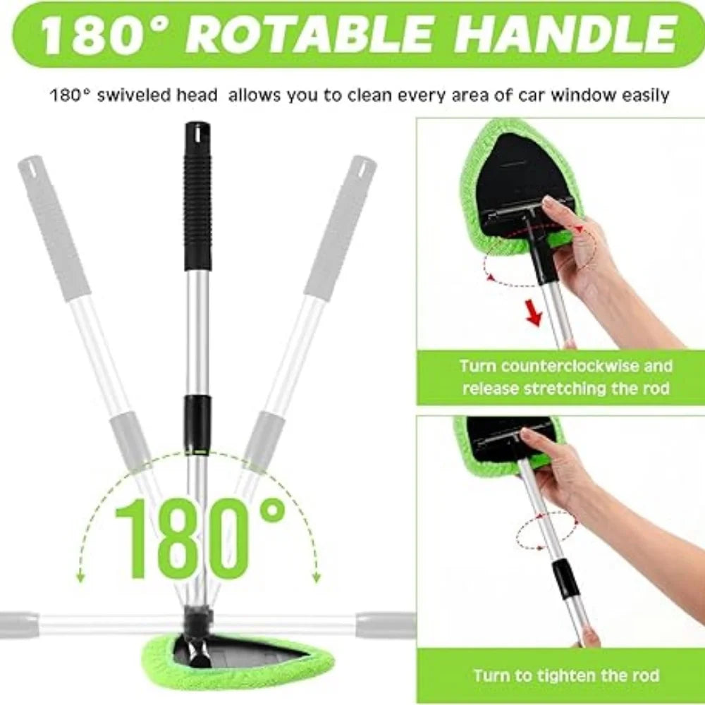 9 Pcs/set Windshield Cleaner Tool – Upgrade Large Head Car Interior&Exterior Window Cleaning Kit with Extendable Handle & 6 Microfiber Pads, Auto Wiper Brush for Car, Trucks, SUVs, RVs & Home